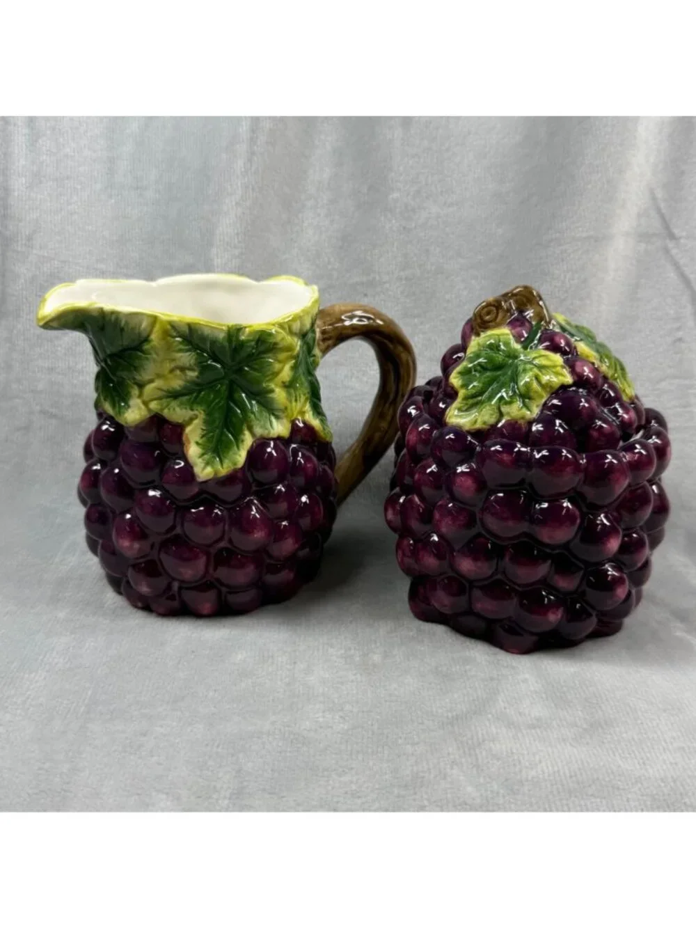 Grape-Themed Ceramic Pitcher Sugar Bowl Set Kitchen Decor Vintage 2 Piece Set KK